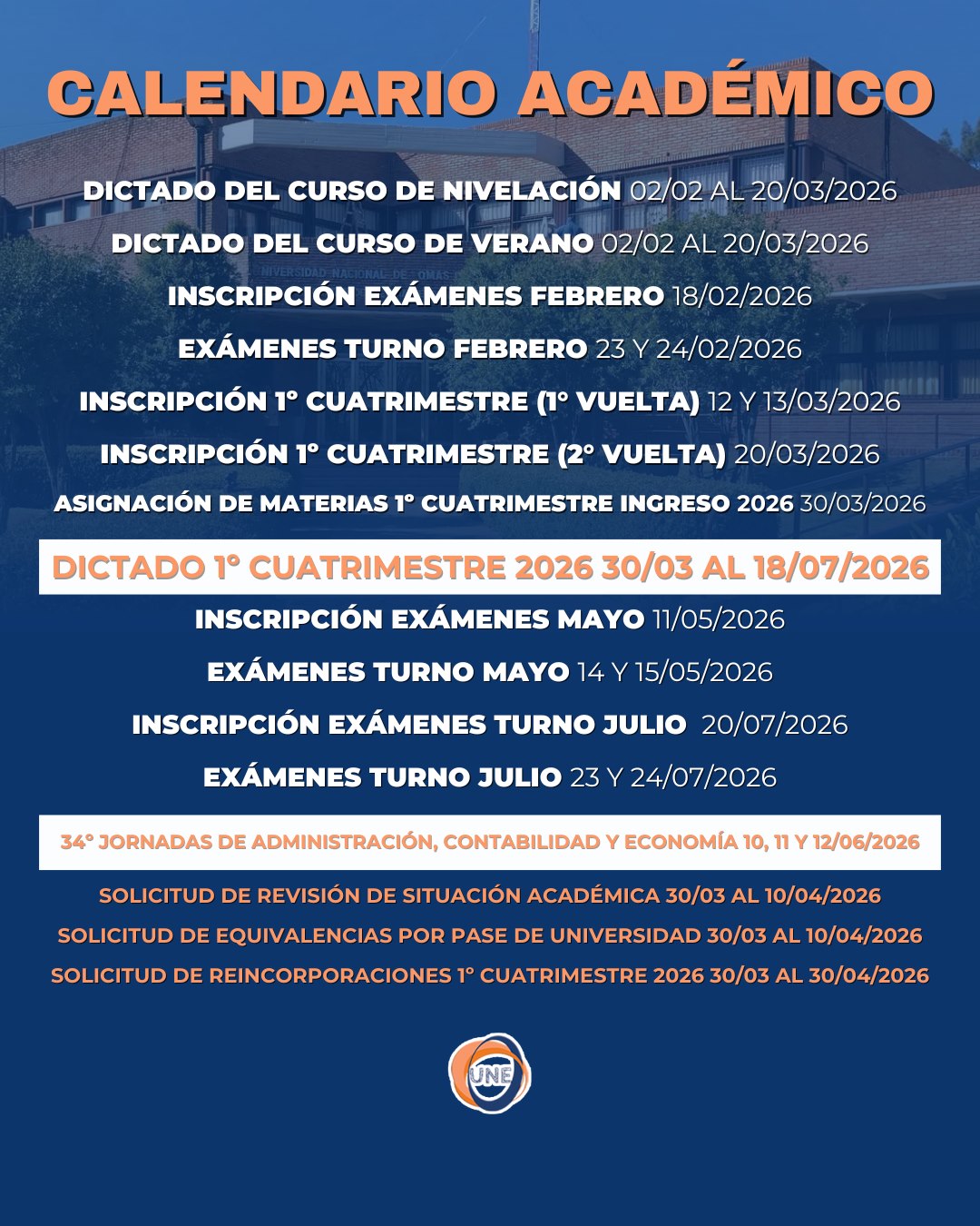 Calendario académico 2026 — primer cuatrimestre